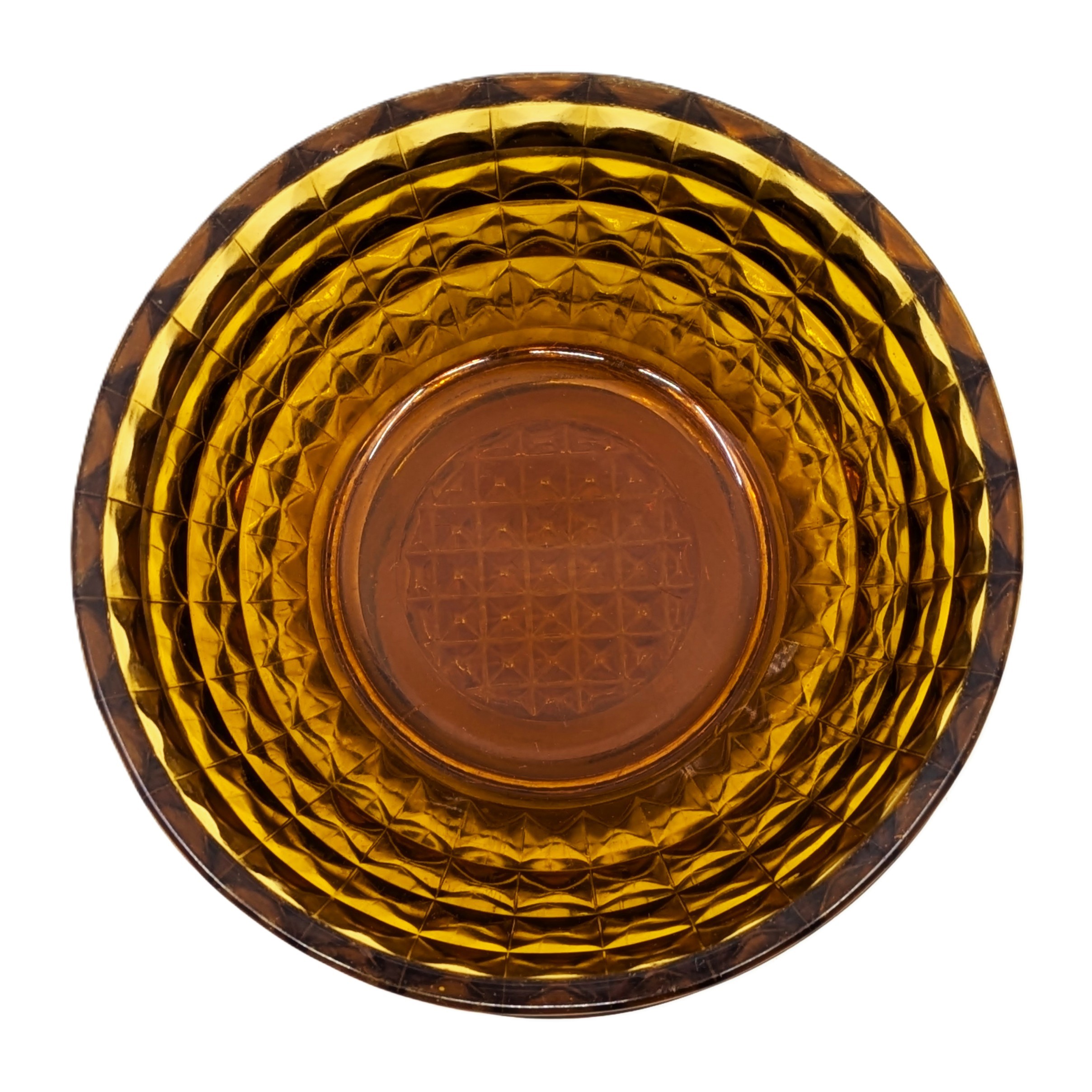 Voir photo 6 de 3 bols vintage en verre ambré pressé - Ø 11 cm. 3 bols vintage en verre ambré pressé - Ø 11 cm. Très bon état reconditionné photo 6