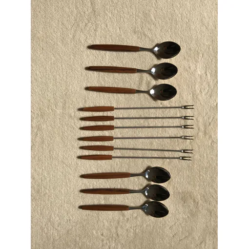 6 Couverts À Fondue Scandinaves (Fourchette Et Cuiller) Manche En Teck Bon état reconditionné disponible sur Rakuten