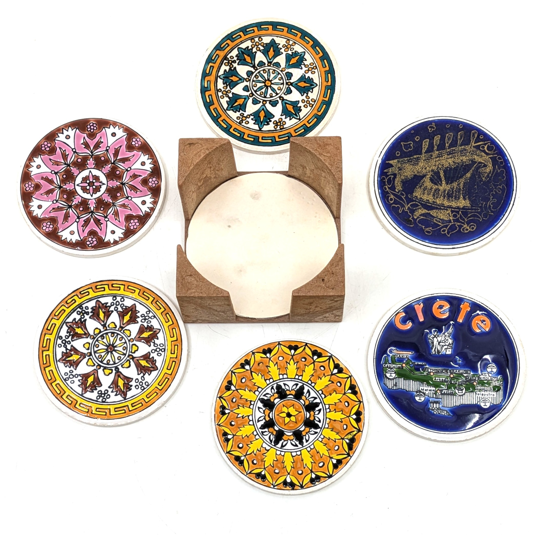 Voir photo 2 de 6 sous-verres en céramique Tassoulis, Grèce, avec support 6 sous-verres en céramique Tassoulis, Grèce, avec support reconditionné photo 2