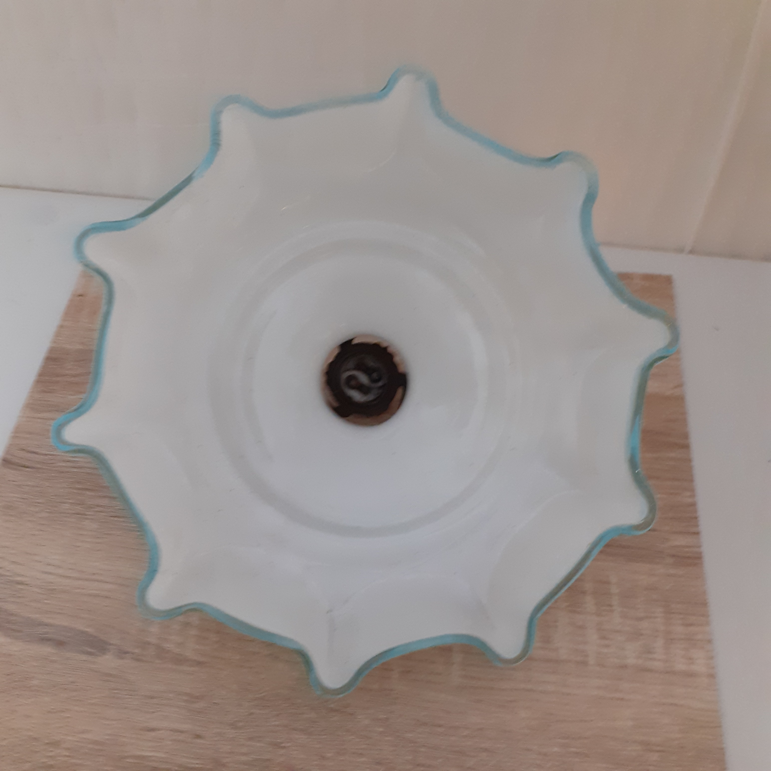 Voir photo 2 de Abat-jour en verre opalescent bordé der bleu avec sa griffe en parfait état Abat-jour en verre opalescent bordé der bleu avec sa griffe en parfait état Très bon état reconditionné photo 2