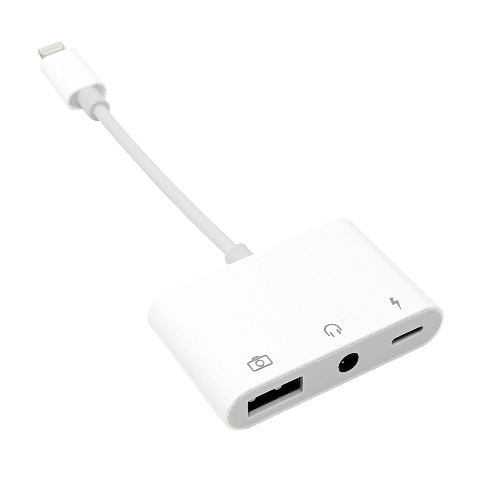 Adaptateur 3-en-1 Lightning port (USB-A, USB-C, AUX) blanc Parfait état reconditionné disponible sur Refurbed | Dero