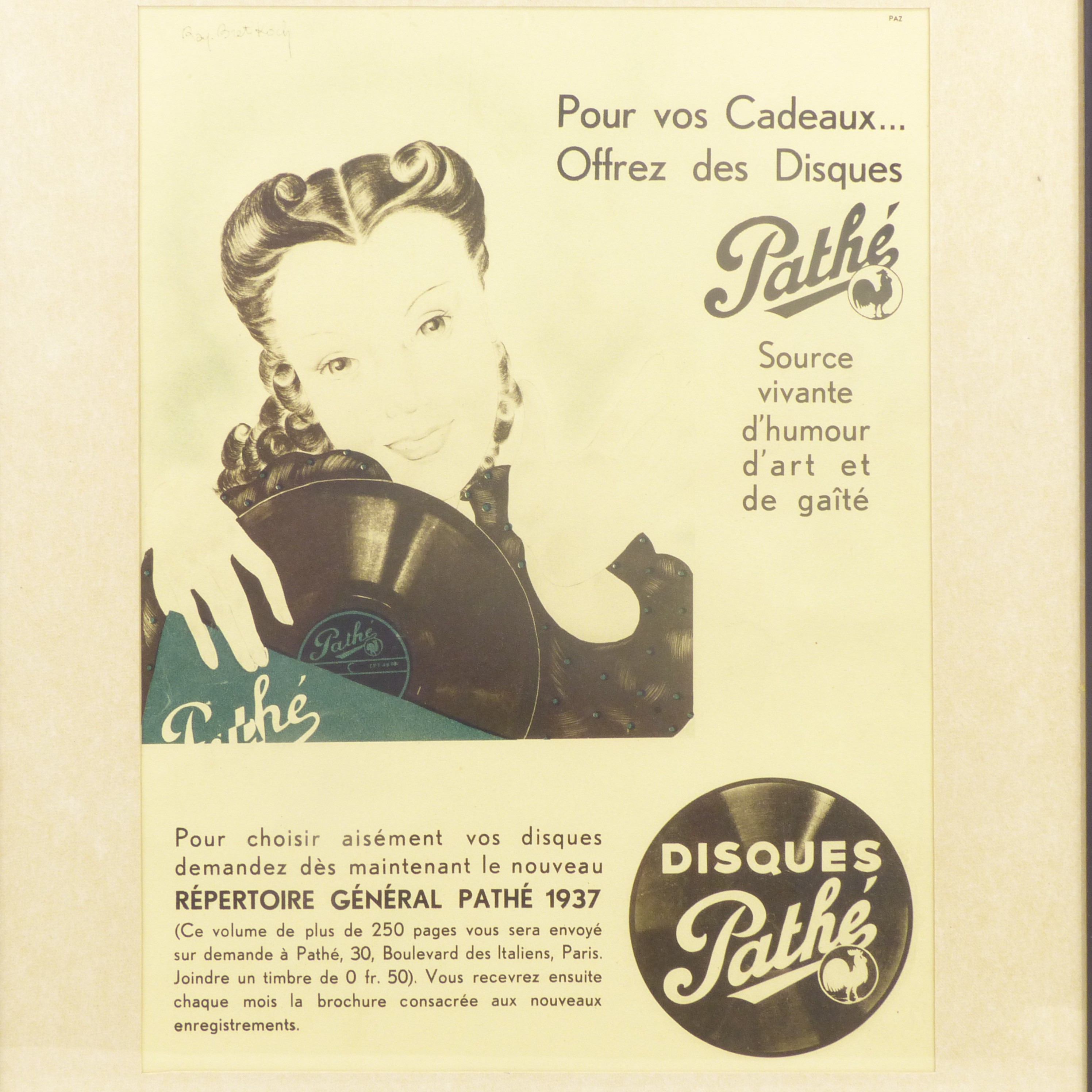 Voir photo 2 de Affiche publicitaire encadrée / Disques Pathé 1937 - Par Ray. Bret koch pour Paché Affiche publicitaire encadrée / Disques Pathé 1937 - Par Ray. Bret koch pour Paché Bon état reconditionné photo 2