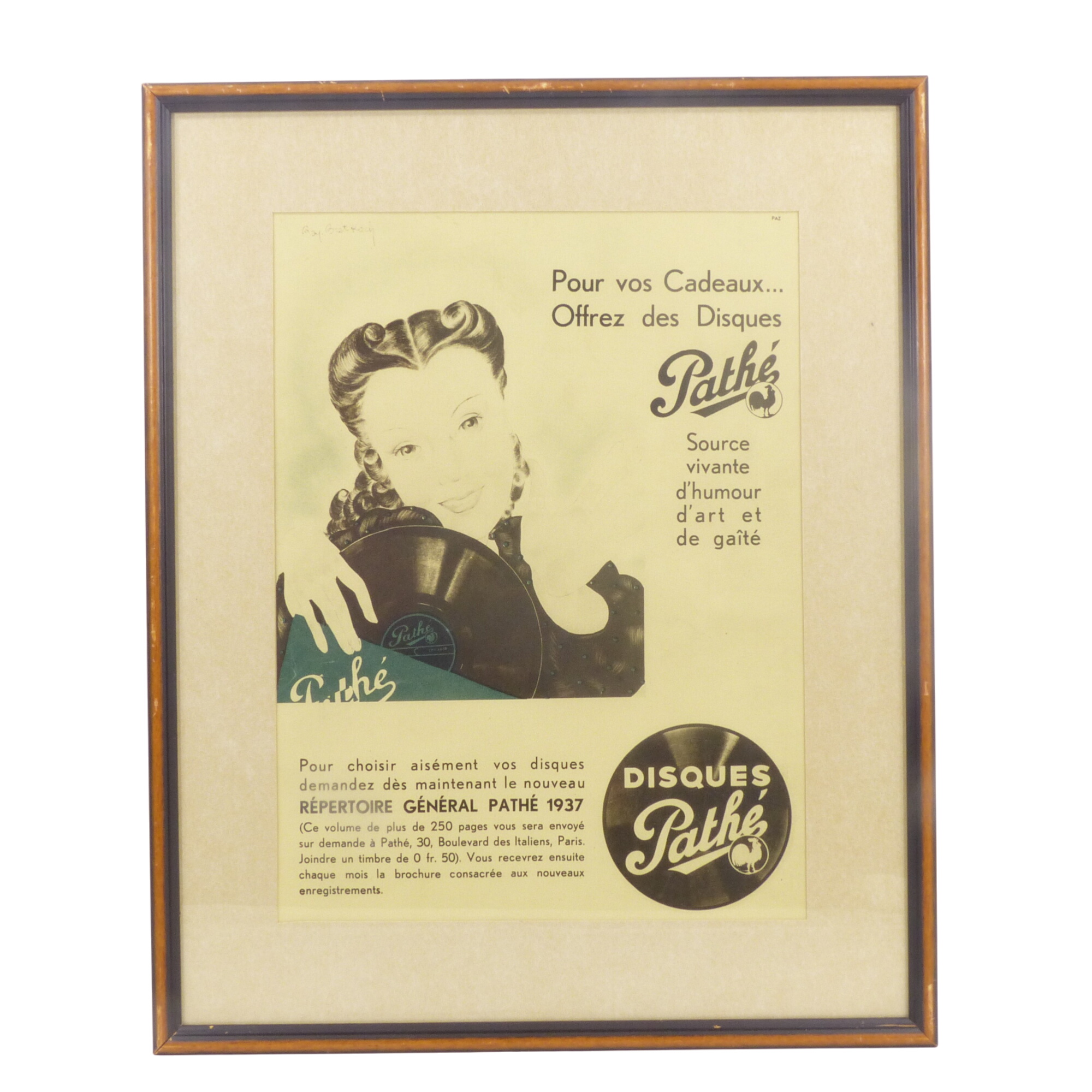 Acheter Affiche publicitaire encadrée / Disques Pathé 1937 - Par Ray. Bret koch pour Paché Bon état - 10,00 € Affiche publicitaire encadrée / Disques Pathé 1937 - Par Ray. Bret koch pour Paché Bon état reconditionné disponible sur Label Emmaüs
