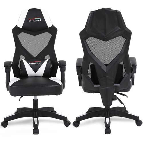 Amstrad AMS-309-WH Fauteuil / Chaise / Siège de bureau ou Gamer noir & blanc - Coussin lombaire - Tissu en maille respirante État correct reconditionné disponible sur Fnac