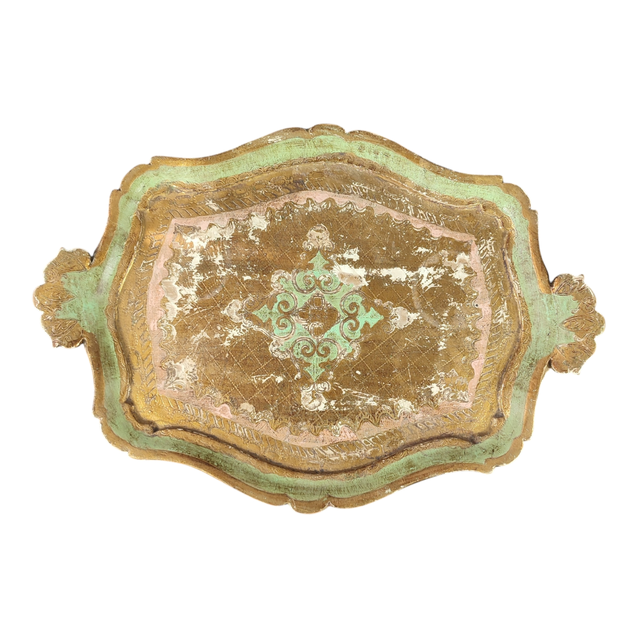 Voir photo 2 de Ancien plateau florentin en bois - Turquoise et feuille d'or - Motif arabesque Ancien plateau florentin en bois - Turquoise et feuille d'or - Motif arabesque État correct reconditionné photo 2