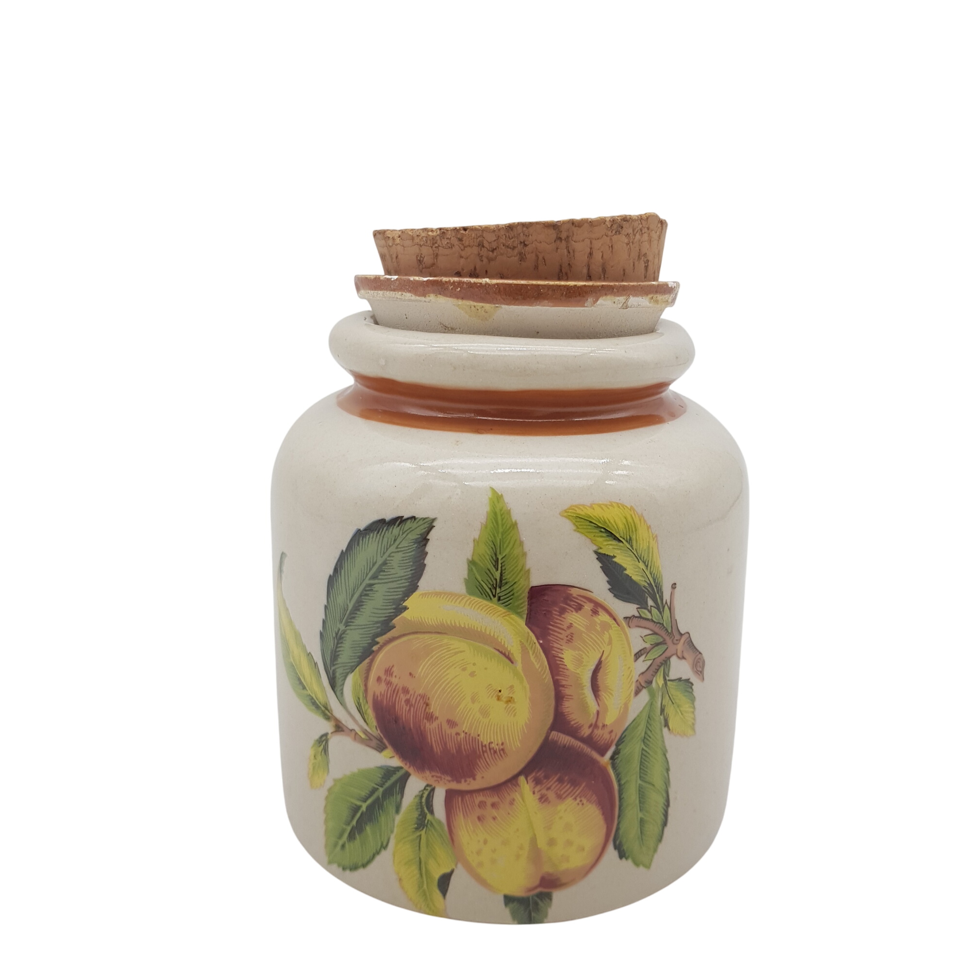 Ancien Pot de cuisine en grès LML avec bouchon en liège et coupelle - numéroté - Décor fruits Bon état - alternatives disponibles sur Dero Ancien Pot de cuisine en grès LML avec bouchon en liège et coupelle - numéroté - Décor fruits Bon état reconditionné (offre indisponible)