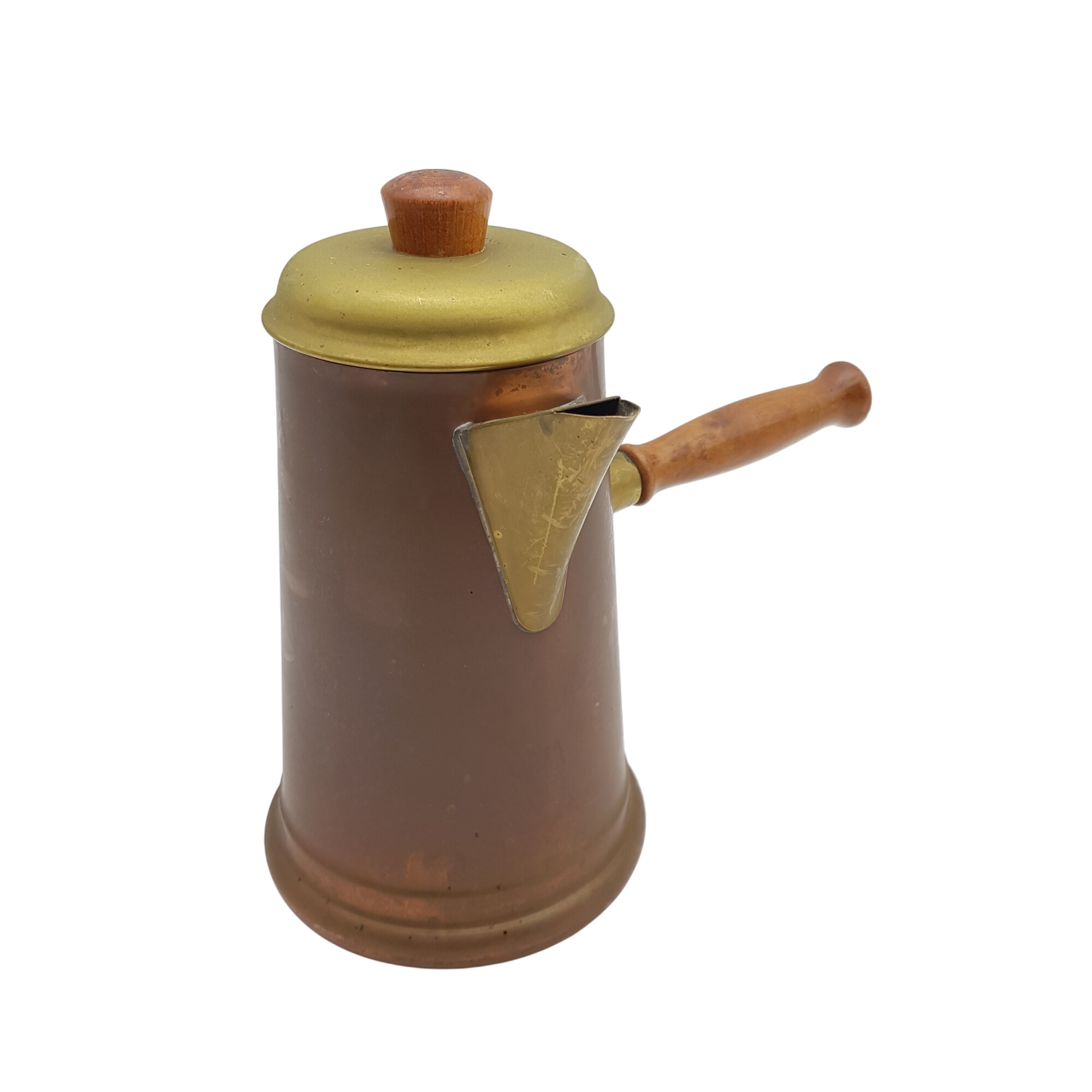 Ancienne cafetière en cuivre, manche en bois Bon état - 15,00 € Ancienne cafetière en cuivre, manche en bois Bon état reconditionné disponible sur Label Emmaüs