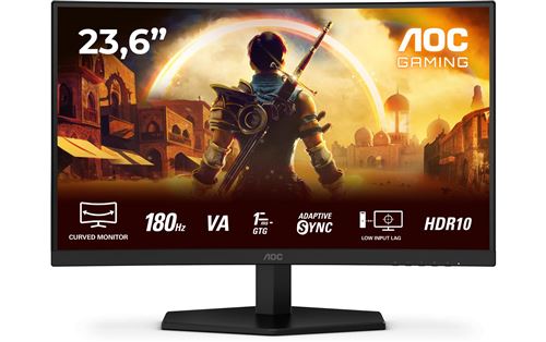 AOC Gaming C24G42E - Écran LED - jeux - incurvé - 24" (23.6" visualisable) - 1920 x 1080 Full HD (1080p) @ 180 Hz - Fast VA - 250 cd/m² - 3000:1 - HDR10 - 0.5 ms - 2xHDMI, DisplayPort - haut-parleurs - noir, rouge État correct AOC reconditionné disponible sur Fnac