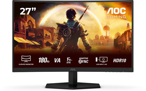 AOC Gaming C27G42E - Écran LED - jeux - incurvé - 27" - 1920 x 1080 Full HD (1080p) @ 180 Hz - Fast VA - 300 cd/m² - 3000:1 - HDR10 - 0.5 ms - 2xHDMI, DisplayPort - haut-parleurs - noir, rouge État correct AOC reconditionné disponible sur Fnac