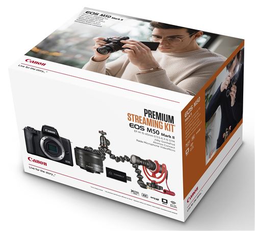 Appareil Photo Hybride pour Streaming Canon EOS M50 Mark II Noir + EF-M 15-45mm f/3,5-6,3 IS STM + Câble HDMI + Adaptateur & Coupleur secteur + Micro Rode + Tripod + Convertisseur HDMI État correct reconditionné disponible sur Fnac