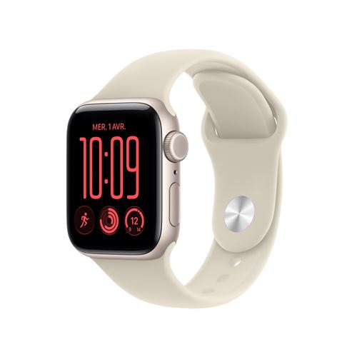 Apple Watch SE 3 GPS 40 mm Boîtier en aluminium Lumière stellaire avec Bracelet Sport Sable - S/M État correct Apple reconditionné disponible sur Fnac