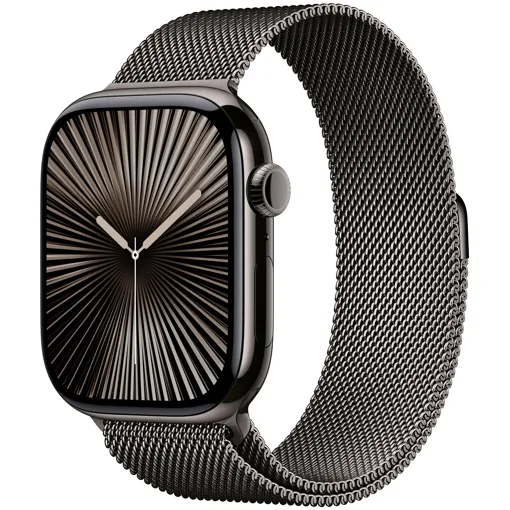 Apple Watch Series 10 (GPS + Cellular) - 46 mm - ardoise titane - Montre connectée avec bracelet milanaise - maille en acier inox - ardoise - taille du bracelet : S/M - 64 Go - LTE, Wi-Fi 4, UWB, Bluetooth - 4G - 41.7 g occasion reconditionné disponible sur Rakuten