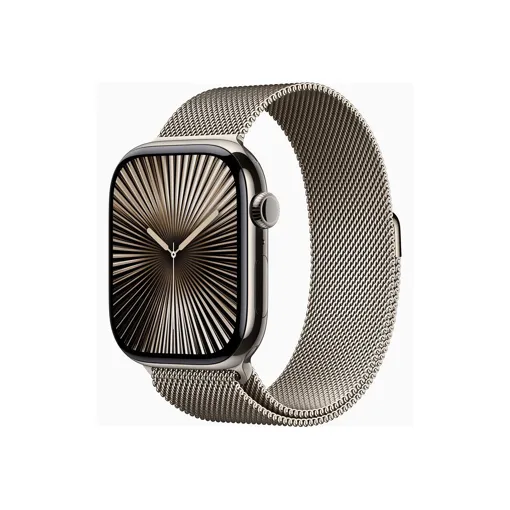 Apple Watch Series 10 (GPS + Cellular) - 46 mm - titanium naturel - Montre connectée avec bracelet milanaise - maille en acier inox - naturel - taille du bracelet : S/M - 64 Go - LTE, Wi-Fi 4, UWB, Bluetooth - 4G - 41.7 g - démo Bon état reconditionné disponible sur Rakuten