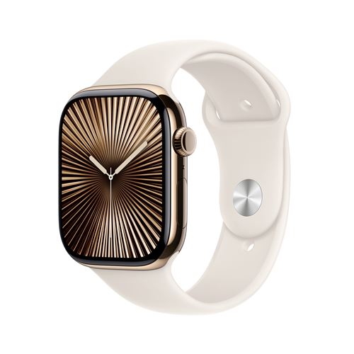 Apple Watch Series 10 GPS + Cellular 46mm Boîtier en Titane Or avec Bracelet Sport Lumière Stellaire M/L État correct Apple reconditionné disponible sur Fnac