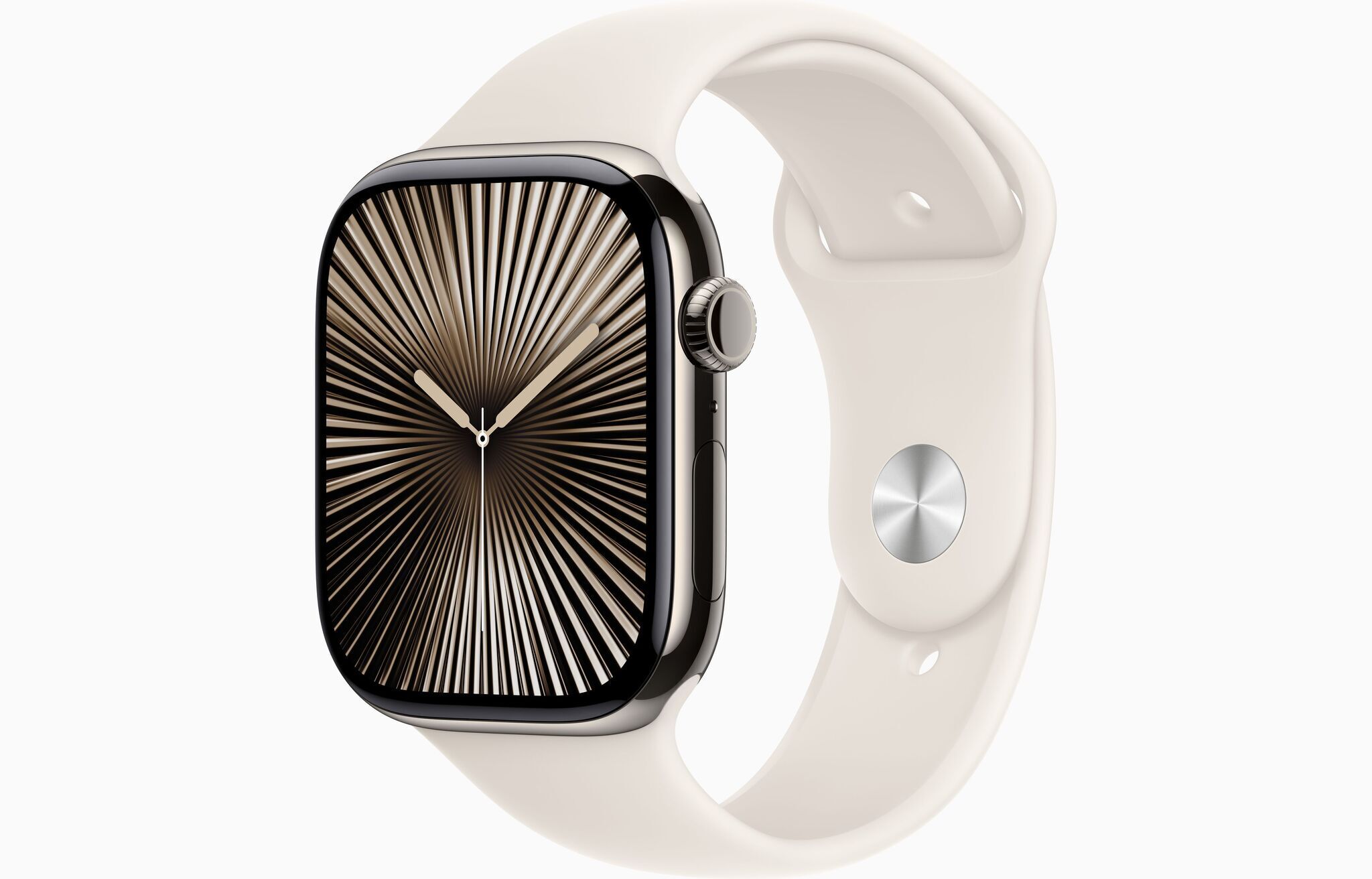 Apple Watch Series 10 Titane 46 mm (2024) GPS + Cellular naturel Bracelet Sport S/M Lumière stellaire Très bon état Apple reconditionné disponible sur Refurbed | Dero