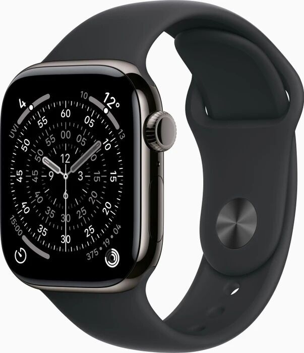 Apple Watch Series 11 Titane 42 mm (2025) GPS + Cellular Ardoise Bracelet Sport M/L noir Très bon état Apple reconditionné disponible sur Refurbed