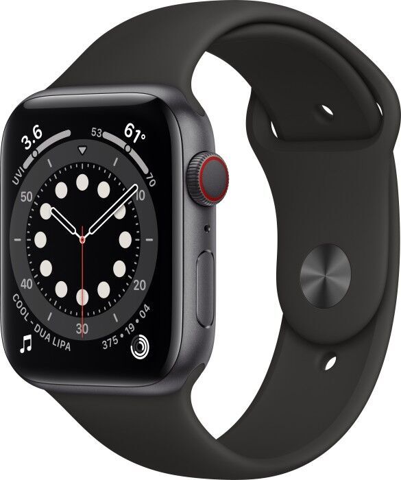 Apple Watch Series 6 Aluminium 44 mm (2020) GPS + Cellular Gris Sidéral Bracelet Sport noir Parfait état Apple reconditionné disponible sur Refurbed
