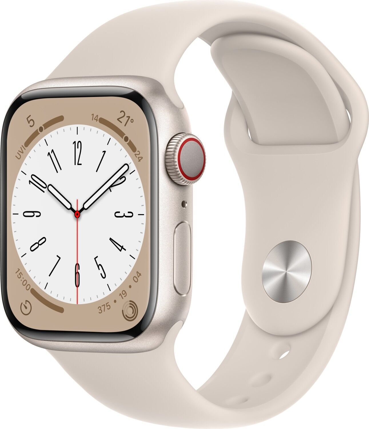 Apple Watch Series 8 Aluminium 41 mm (2022) GPS + Cellular Lumière Stellaire Bracelet Sport Lumière Stellaire S/M Bon état Apple reconditionné disponible sur Refurbed | Dero