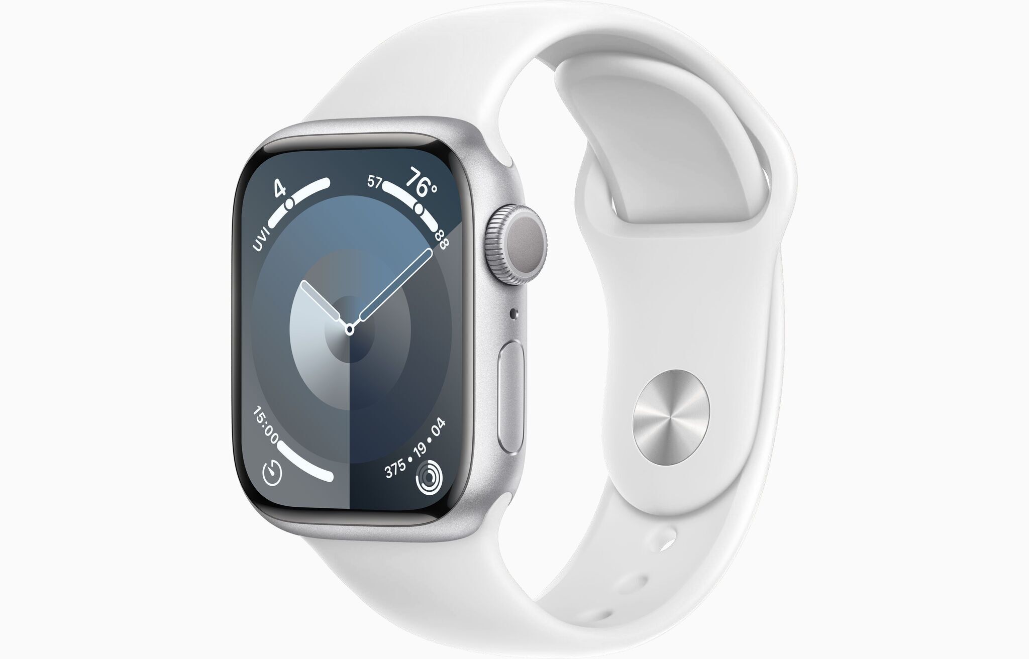 Apple Watch Series 9 aluminium 41 mm (2023) GPS Argent Bracelet Sport Blanc M/L Bon état Apple reconditionné disponible sur Refurbed | Dero