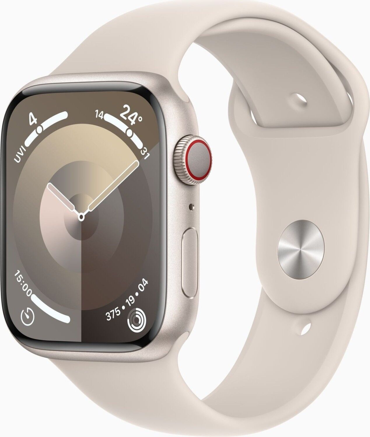 Apple Watch Series 9 Aluminium 45 mm (2023) GPS + Cellular Lumière Stellaire Bracelet Sport Lumière Stellaire M/L Très bon état Apple reconditionné disponible sur Refurbed | Dero