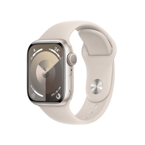 Apple Watch Series 9 GPS Boîtier en Aluminium Lumière Stellaire de 41 mm avec Bracelet Sport Lumière Stellaire S/M État correct Apple reconditionné disponible sur Fnac