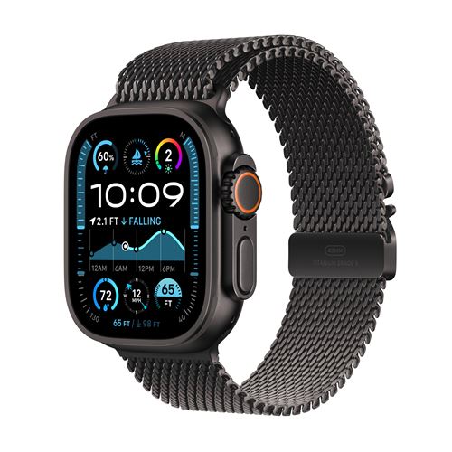 Apple Watch Ultra 2 GPS + Cellular 49 mm Boîtier en Titane Noir avec Bracelet Milanais Titane Noir S version 2024 État correct Apple reconditionné disponible sur Fnac