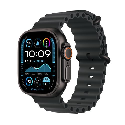 Apple Watch Ultra 2 GPS + Cellular 49 mm Boîtier en Titane Noir avec Bracelet Ocean Noir version 2024 État correct Apple reconditionné disponible sur Fnac
