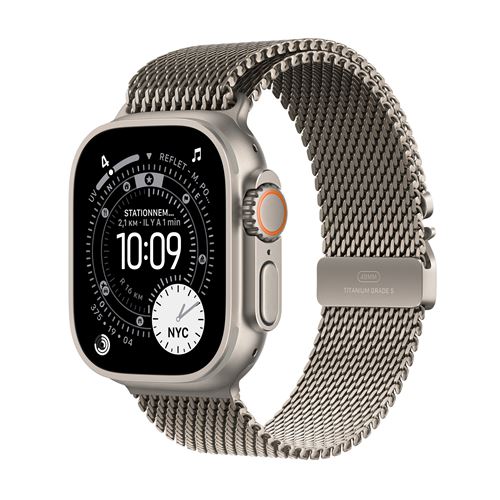 Apple Watch Ultra 3 GPS + Cellular 49mm Boitier en Titane Naturel avec Bracelet Milanais en titane naturel Large État correct Apple reconditionné disponible sur Fnac