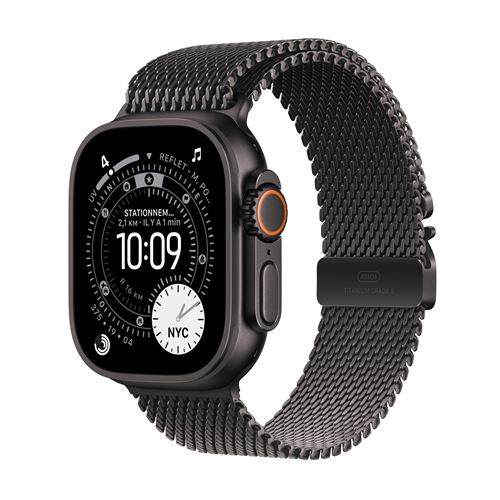 Apple Watch Ultra 3 GPS + Cellular 49mm Boitier en Titane Noir avec Bracelet Milanais en titane noir Large État correct Apple reconditionné disponible sur Fnac