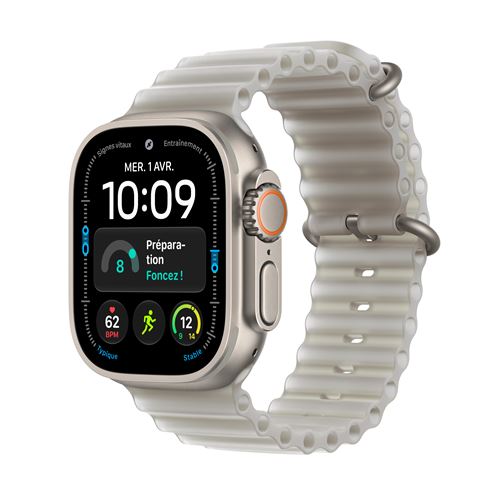 Apple Watch Ultra 4 GPS + Cellular 49 mm Boîtier en titane Naturel avec Bracelet Océan Gris translucide État correct Apple reconditionné disponible sur Fnac | Dero