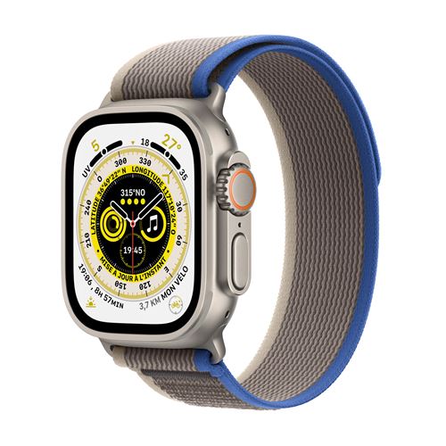 Apple Watch Ultra + Cellular, boîtier Titane 49mm avec Boucle Trail Bleu / Gris Taille M/L État correct Apple reconditionné disponible sur Fnac