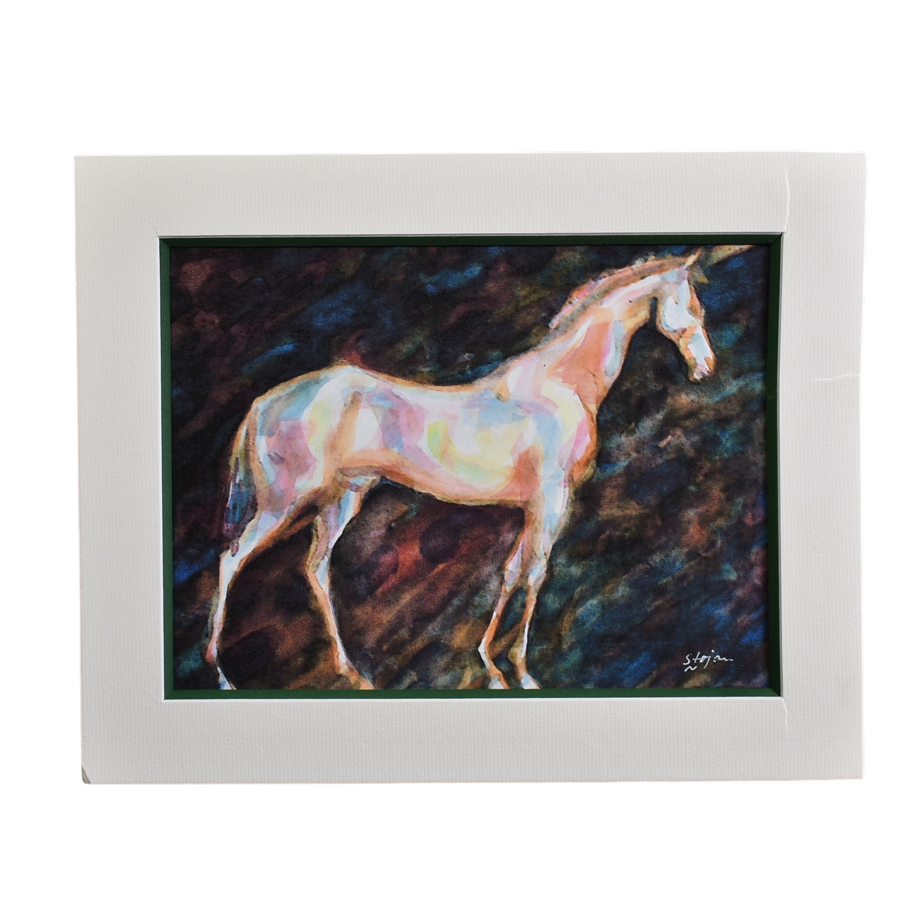Aquarelle d'un cheval :reproduction signée "Stojan" Bon état - 10,00 € Aquarelle d'un cheval :reproduction signée "Stojan" Bon état reconditionné disponible sur Label Emmaüs