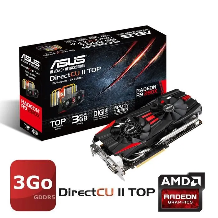 Asus AMD Radeon R9 280X 3Go GDDR5 TOP DC2 Reconditionné - 79,00 € Asus AMD Radeon R9 280X 3Go GDDR5 TOP DC2 Reconditionné Asus reconditionné disponible sur Cdiscount Seconde Vie