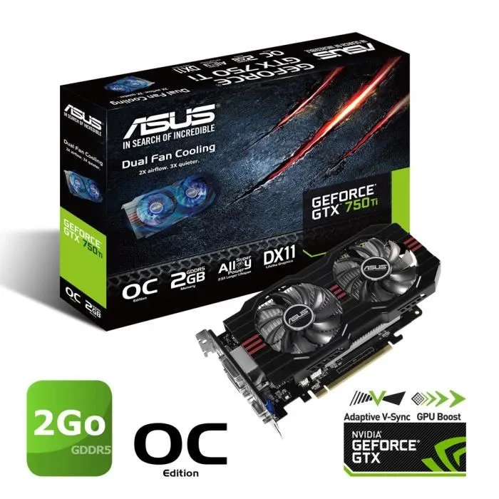 Asus GTX 750 Ti 2Go GDDR5 OC Reconditionné - 70,00 € Asus GTX 750 Ti 2Go GDDR5 OC Reconditionné Asus reconditionné disponible sur Cdiscount Seconde Vie | Dero