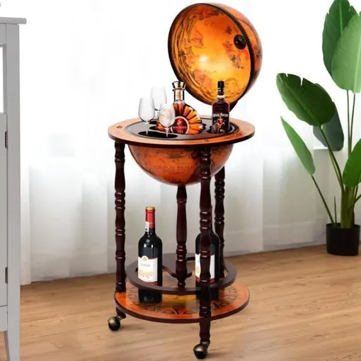 Bar Globe Vintage - Décoration Salon - Porte-Bouteilles - Bois Massif - 3 Roulettes - Élégant occasion reconditionné disponible sur Rakuten