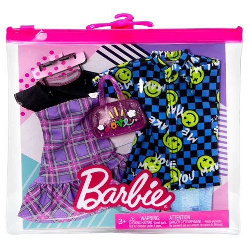 Barbie et Ken Fashion Pack - HBV73 - Ensemble de 2 Tenues - une robe à carreaux + sac à main pour Barbie, chemise habillée + short en jean pour Ken État correct reconditionné disponible sur Fnac
