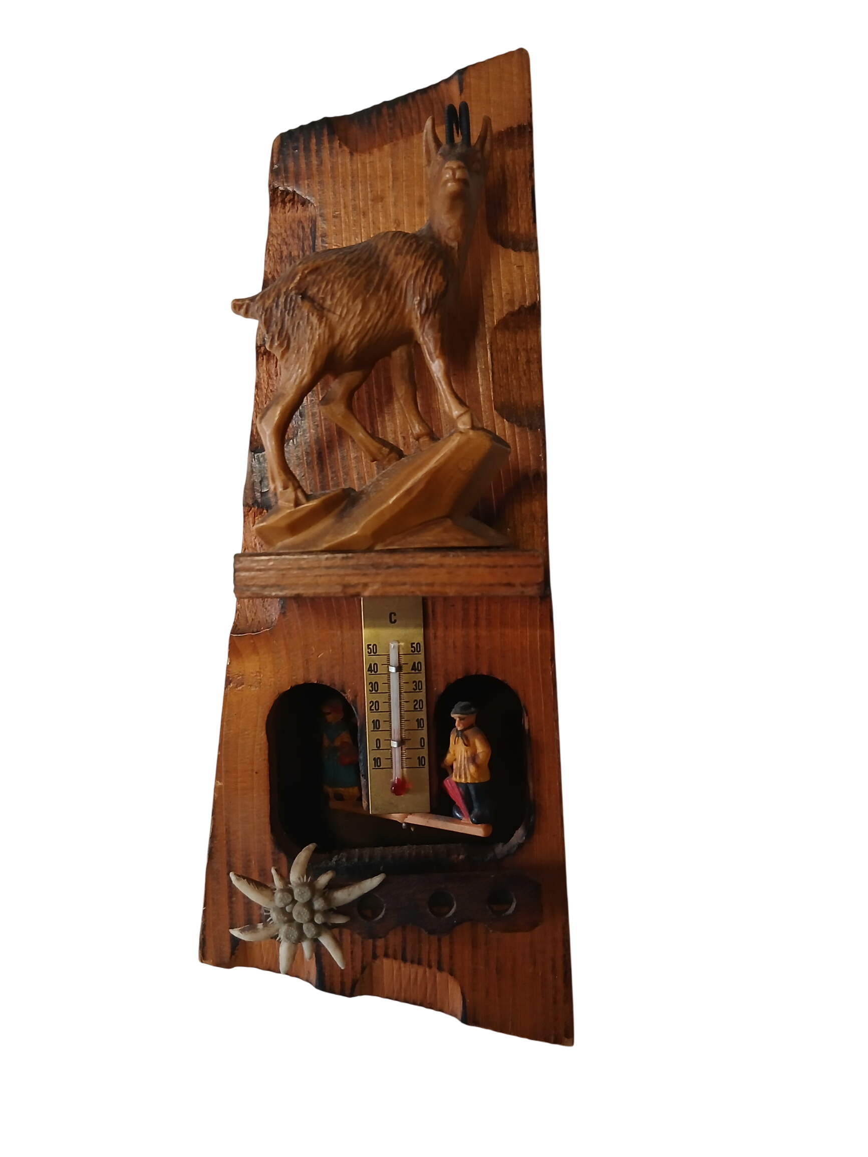 Baromètre vintage en bois à décor de bouquetin et edelweiss. Bon état - 12,00 € Baromètre vintage en bois à décor de bouquetin et edelweiss. Bon état reconditionné disponible sur Label Emmaüs