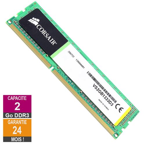 Barrette Mémoire 2Go RAM DDR3 Corsair VS2GB1333D3 DIMM PC3-10600U 1333MHz 1Rx8 État correct Corsair reconditionné disponible sur Fnac