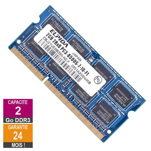 Barrette Mémoire 2Go RAM DDR3 Elpida EBJ21UE8BDS0-AE-F SO-DIMM PC3-8500 1066MHz 2Rx8 État correct N/A reconditionné disponible sur Fnac