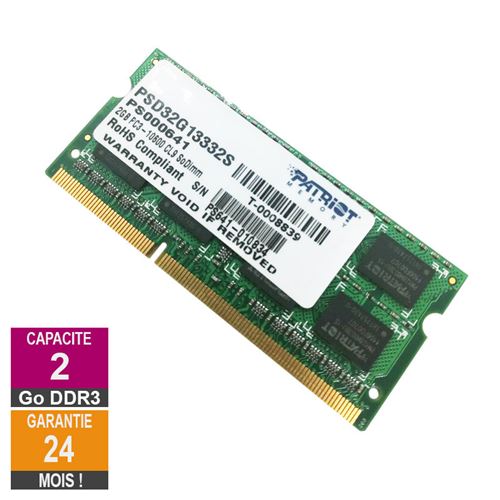 Barrette Mémoire 2Go RAM DDR3 Patriot Memory PSD32G13332S SO-DIMM PC3-10600S État correct Patriot reconditionné disponible sur Fnac