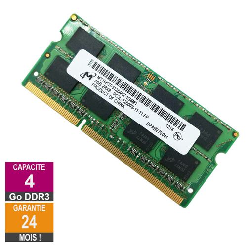 Barrette Mémoire 4Go RAM DDR3 Micron MT16KTF51264HZ-1G6M1 SO-DIMM PC3L-12800S 2Rx8 637233-652 État correct Micron reconditionné disponible sur Fnac