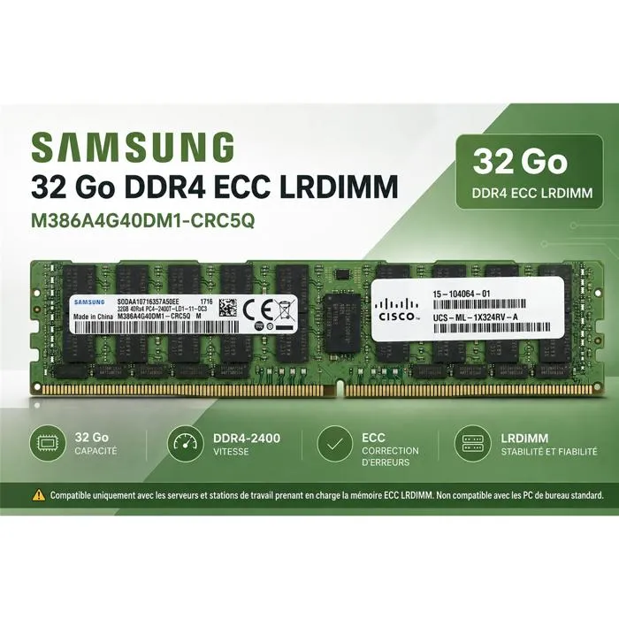 Barrette mémoire Samsung 32 Go DDR4-2400 ECC LRDIMM Reconditionné Samsung reconditionné disponible sur Cdiscount Seconde Vie | Dero