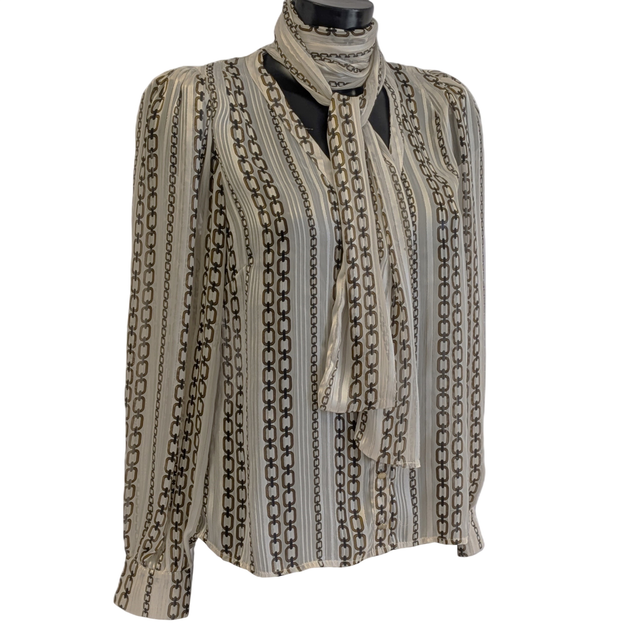 Blouse Morgan - Motif Chaîne, Manches Bouffantes, Style Cravate - Taille 42. - 15,40 € Blouse Morgan - Motif Chaîne, Manches Bouffantes, Style Cravate - Taille 42. reconditionné disponible sur Label Emmaüs