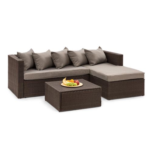 Blumfeldt Theia Lounge Salon de jardin - Canapé d'angle ottomane avec 5 coussins & pouf - polyrotin tressé marron État correct Blumfeldt reconditionné disponible sur Fnac