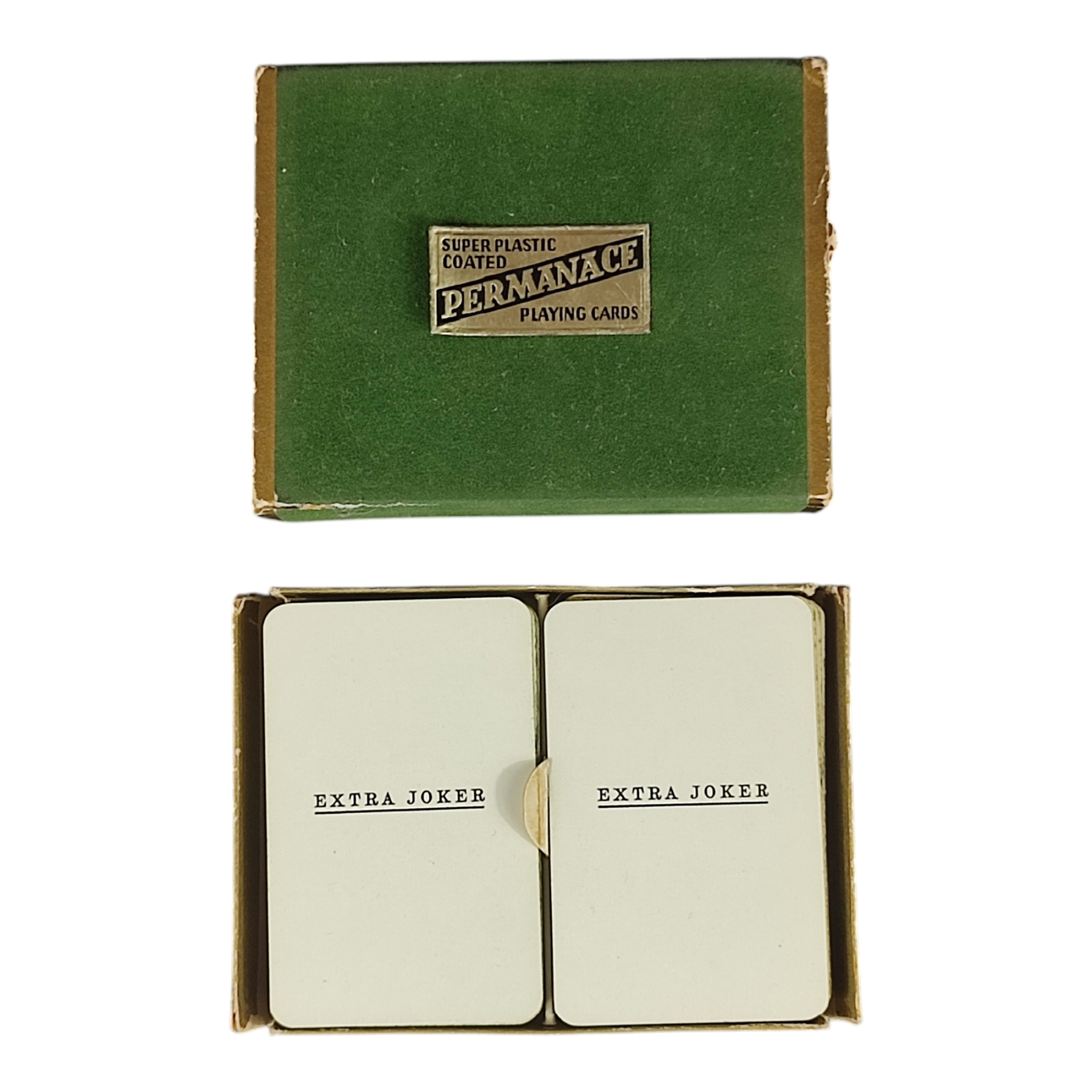 Voir photo 8 de Boîte avec 2 jeux de cartes vintage - Playing cards PERMANACE - Revêtement plastique extrême - Dos de carte à tête de chien - Complet Boîte avec 2 jeux de cartes vintage - Playing cards PERMANACE - Revêtement plastique extrême - Dos de carte à tête de chien - Complet État correct reconditionné photo 8