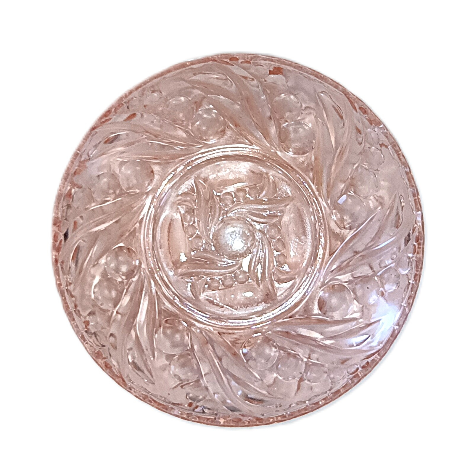 Voir photo 3 de Boîte bonbonnière vintage en verre rose moulé décor floral – Ø 14,5 cm Boîte bonbonnière vintage en verre rose moulé décor floral – Ø 14,5 cm Très bon état reconditionné photo 3
