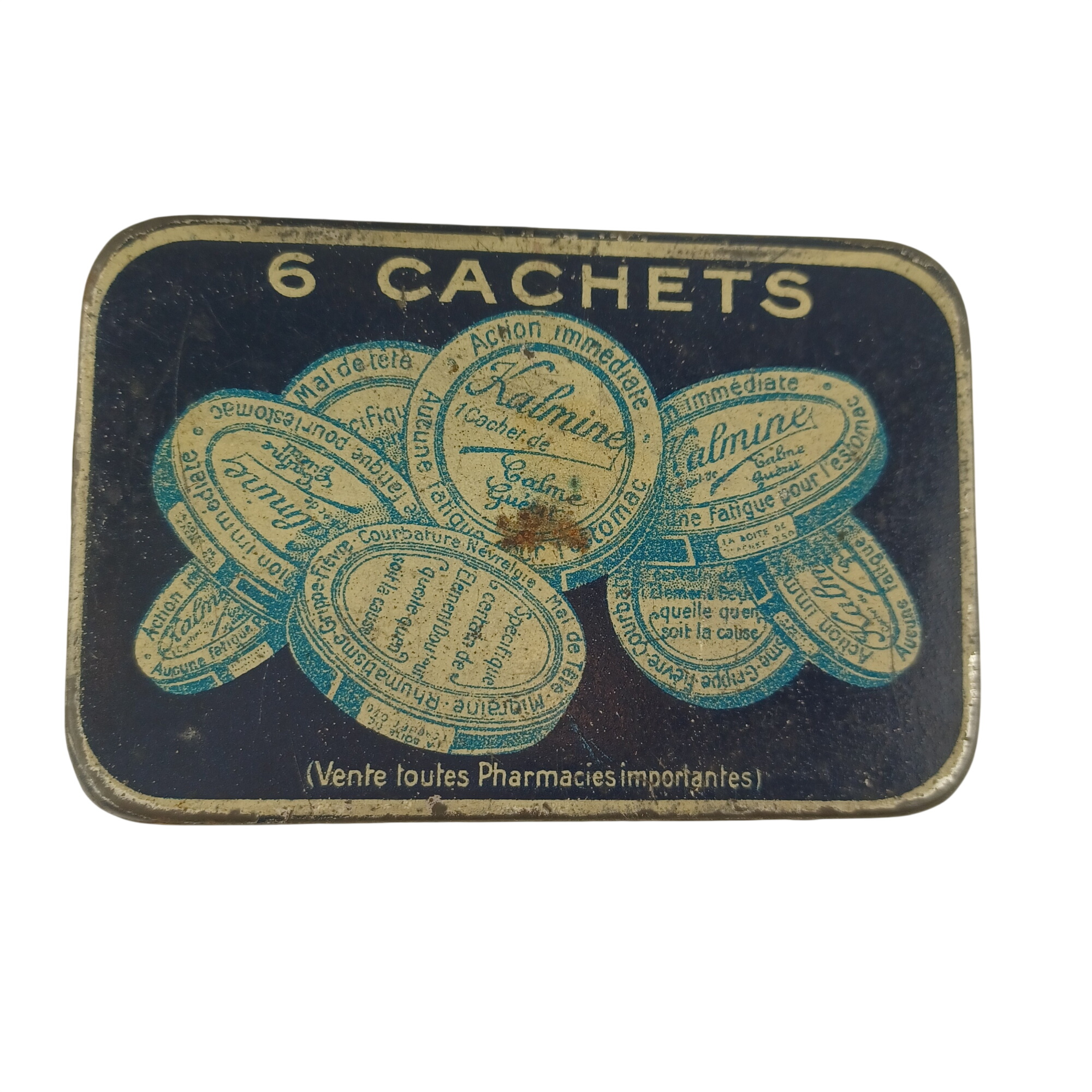 Boite de métal Kalmine de 6 cachets de 1942 environ Très bon état - 10,00 € Boite de métal Kalmine de 6 cachets de 1942 environ Très bon état reconditionné disponible sur Label Emmaüs
