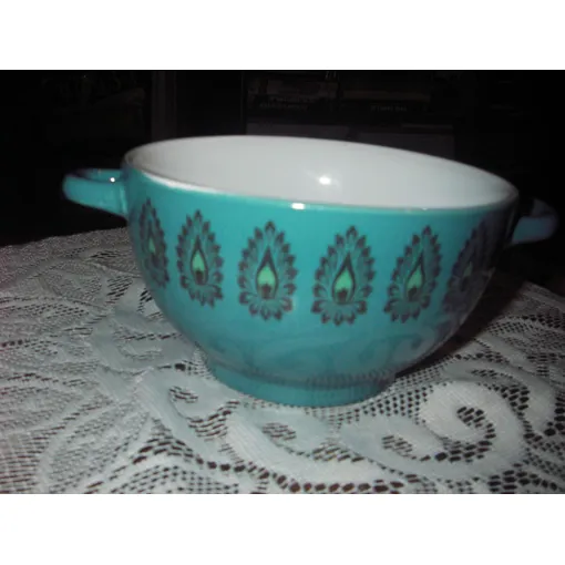 Bol Double Hanses En Grès De Marque Zara Home, Coloris Bleu, Décor Frise Florale, Coloris Intérieur Blanc, Dimensions: Hauteur 8,5 Cm, Largeur Avec Hanses 18,5 Cm, Diamètre 14 Cm. Bon état reconditionné disponible sur Rakuten