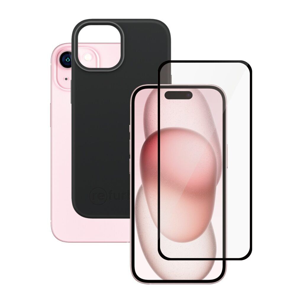 Bundle coque de téléphone noire & Protection d'écran iPhone 15 Parfait état reconditionné disponible sur Refurbed | Dero