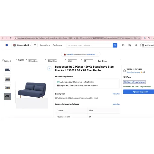 Canape lit 2 places Bon état reconditionné disponible sur Rakuten
